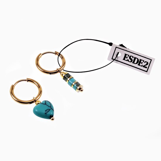 Boucles d'oreilles ∅16mm avec Pierres Turquoise - Acier Plaqué Or - Boucles d'oreilles Femme avec Pendentifs Coeur et Tube