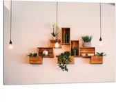 Dibond - Trio Lampen voor Kistjes met Planten aan de Muur - 100x75 cm Foto op Aluminium (Met Ophangsysteem)