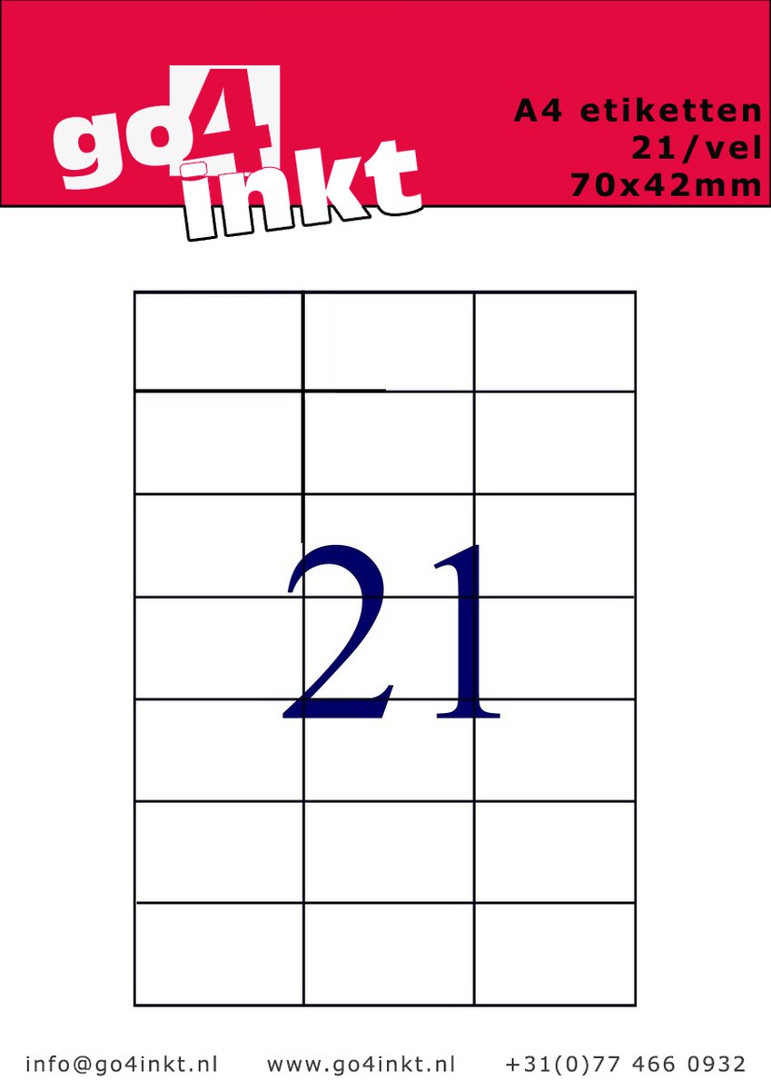 Go4inkt A4 Etiketten 21/vel 70mm x 42mm (100 vel) stickervellen wit