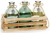 HEITMANN DECO - Houten kist met drie glazen vazen - vazenset in decoratieve kist - groen - bloemenvaas - met jute touw - decoratie