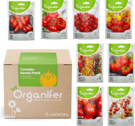 Tomatenzaden Pakket – 13 Soorten - Organifer - Voor Elke Tuinier, Non-GMO, Heirloom & Hybride Variëteiten, Geschikt voor Kas & Tuin, Rijke Oogst van Diverse Smaken en Kleuren, Kweekhandleiding, voor Salades, Sauzen & Snacks - Gezonde, Verse Tomaten