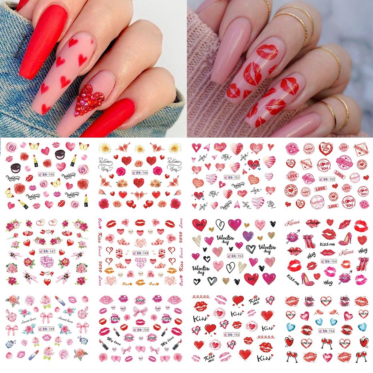 Goedkoopste 12 Stuks Nagelstickers – Harten voor Valentijn – Lippen, Hartjes, Rozen – Nail Art Stickers