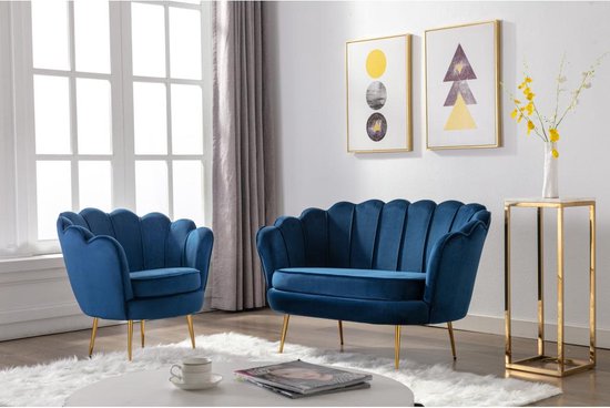 Set canapé deux places et fauteuil en velours - Bleu nuit - PISSENLIT L 124 cm x H 78 cm x P 75 cm