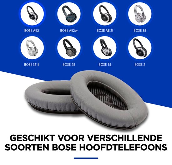 Grijze oorkussens naast illustraties van diverse Bose koptelefoons.