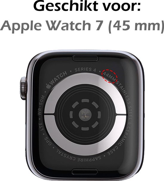 Achterkant van zwarte Apple Watch Series 4 44mm met rode cirkel om 44mm aanduiding.