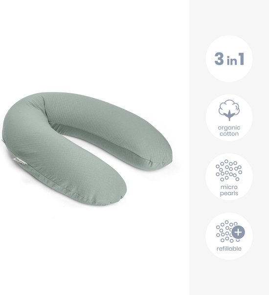 Doomoo Buddy - Voedingskussen - Zwangerschapskussen - Zijslaapkussen met superfijne en extra stille microkorrels - Bio katoen - 180cm - Tetra Jersey Green van Doomoo — afbeelding 2
