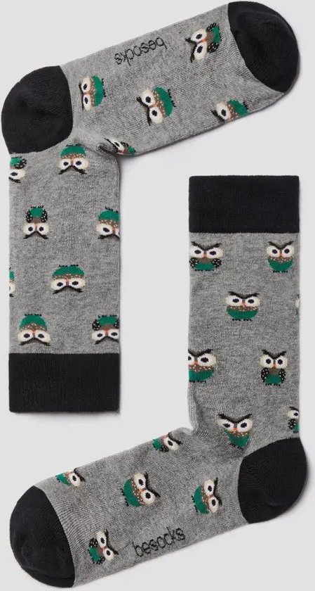 Grappige Sokken Grijs met Uilen in Bio katoen maat 41-46 - Uilen - Zacht - Trendy geschenk - Trendy Cadeau - Verjaardag - Geschenk