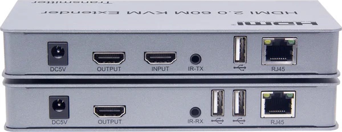 NÖRDIC KVM-EXT KVM Extender over RJ45 tot 60m - HDMI2.0 - 4K60Hz - USB - 3,5mm - 1080p - Zilver