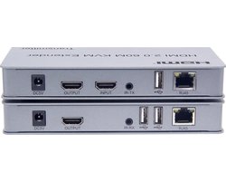 NÖRDIC KVM-EXT KVM Extender over RJ45 tot 60m - HDMI2.0 - 4K30Hz - USB - 3,5mm - 1080p - Aluminium behuizing - Zilver