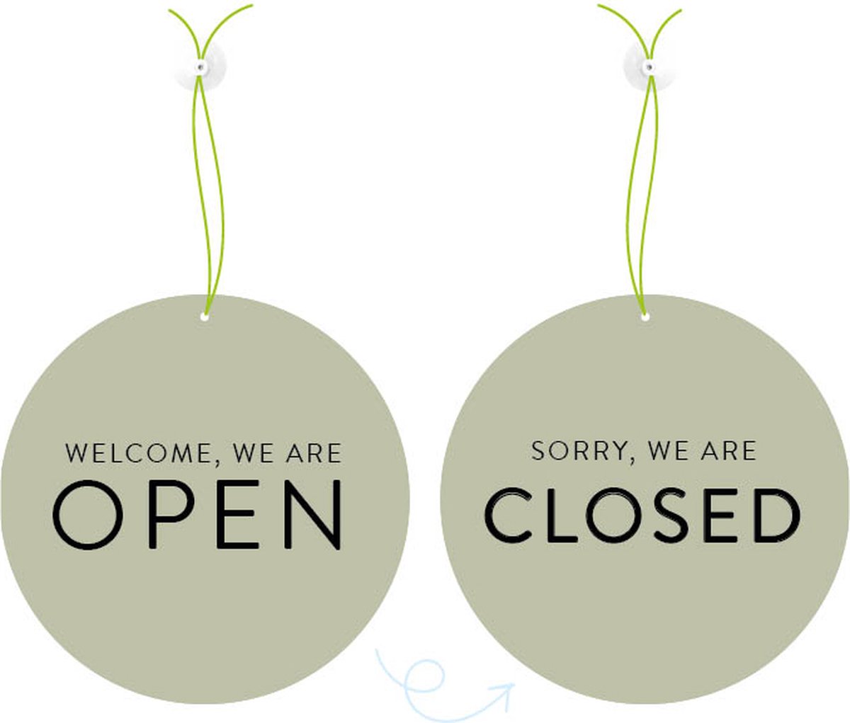 Deurbordje open closed - 20 centimeter - dubbelzijdig groen - met koord en zuignap - Dutch Sprinkles - raam bord voor bedrijven, winkels, salons - open gesloten omdraai bord