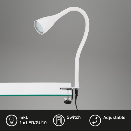 Briloner - Elasti - lampe à pince - lampe de chevet - avec câble et interrupteur ON/OFF - bras flexible - blanc chaud 3000K - 3W - 250 lm - IP20