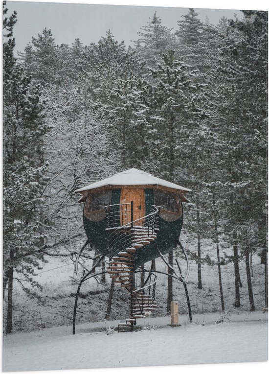 Vlag - Klein Huisje tussen de Bomen in de Sneeuw - 70x105 cm Foto op Polyester Vlag