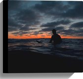 Canvas - Persoon in de Zee na de Zonsondergang - 30x30 cm Foto op Canvas Schilderij (Wanddecoratie op Canvas)