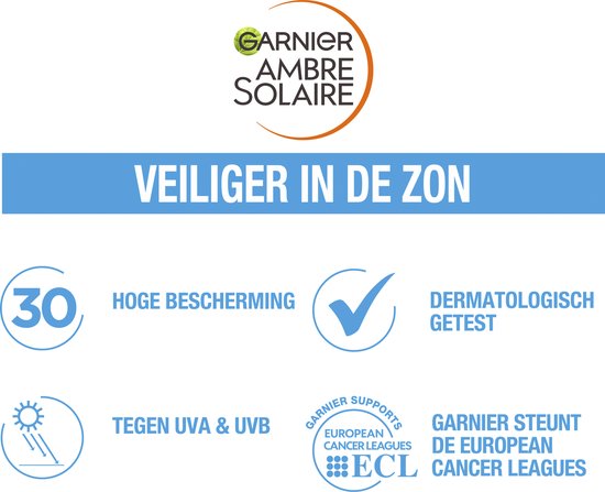 Garnier Ambre Solaire: veiliger in de zon. 30 hoge bescherming, dermatologisch getest, tegen UVA & UVB. Garnier steunt de European Cancer Leagues.