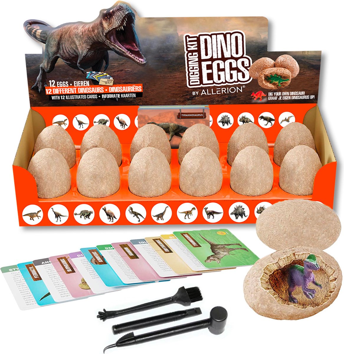 Allerion Dino Graaf Kit - 12 Dino Eieren – Speelset - Archeologie - Educatief Speelgoed - Inclusief Borstels, Beitels en Informatiekaartjes - Allerion®