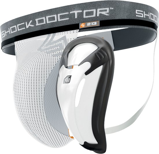Witte jockstrap met grijs SHOCK DOCTOR-elastiek en een zwart/witte cup met oranje accenten.
