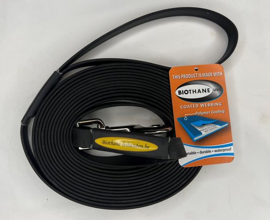 Biothane Leiband Standaard 3m 16mm Zwart met handvat gestikt/genaaid