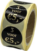 Reclame sticker - 3 voor €5 sticker - 250 Stuks - rond 25mm - korting sticker - promotie sticker - afprijs sticker - uitverkoop - aanbieding - goud - zwart - food sticker - reclame-etiket - voedseletiket - HACCP sticker