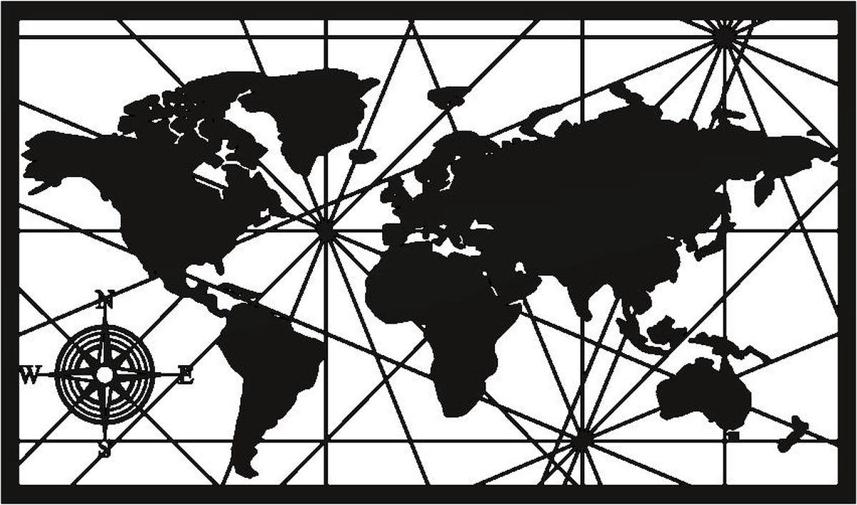 Kunst van metaal - wereldkaart geometrisch - wanddecoratie industrieel - zwart gepoedercoat - staal