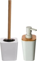 5Five Toiletborstel met houder 38cm - zeeppompje 300ml - wit/hout