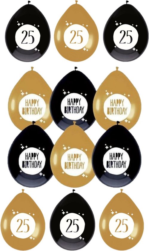 Haza - Feestartikelen verjaardag 25 jaar 36x mix ballonnen zwart/goud