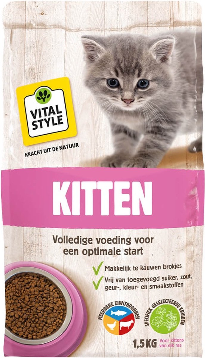VITALstyle Kitten - Kitten Brokken - Brede Samenstelling En Hoog Eiwitgehalte Voor Gezonde Groei - Met o.a. Brandnetel & Valeriaan - 1,5 kg
