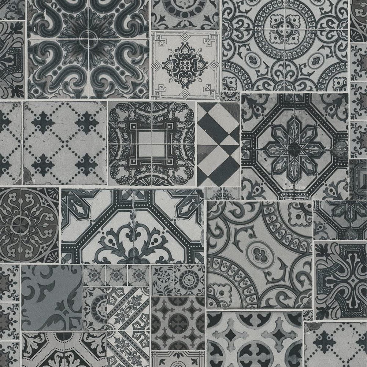 Vliesbehang Marokkaanse Tegels | 42506-20 | Collection Collage Non-Woven Wallpaper | Zwart Grijs