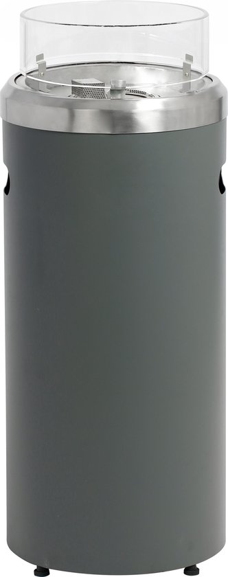 Grijze terrasverwarmer met glazen windscherm en metalen brander.