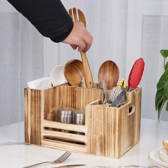 Porte-couverts Rotatif En Bois 360° - Organisateur Pour Couteaux, Cuillères, Fourchettes | Pour Plan De Travail (18,5x15 Cm)