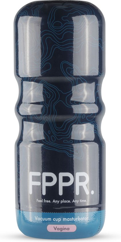 Masturbateur bleu foncé à motif topographique. Texte : FPPR. Vacuum cup masturbator Vagina.