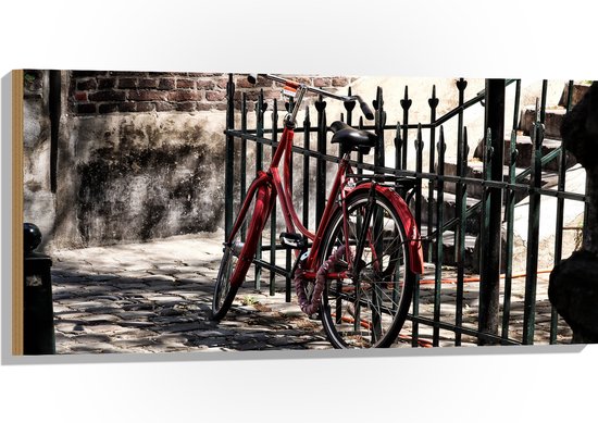 WallClassics - Hout - Rode fiets voor groen Hek - 100x50 cm - 9 mm dik - Foto op Hout (Met Ophangsysteem)