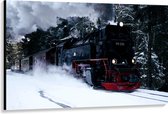 WallClassics - Canvas - Rijdende Stoomtrein in de Sneeuw - 150x100 cm Foto op Canvas Schilderij (Wanddecoratie op Canvas)