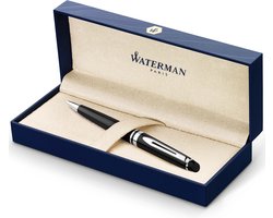 Waterman Expert-balpen | Glimmend zwart met chromen rand | Medium punt | Blauwe inkt | met geschenkdoos