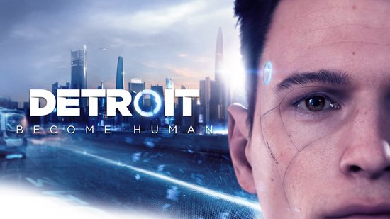 Close-up van een androgyne gezicht met blauwe ogen, tekst 'DETROIT BECOME HUMAN'.