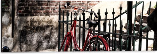WallClassics - Dibond - Rode fiets voor groen Hek - 90x30 cm Foto op Aluminium (Met Ophangsysteem)