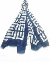 Lange dames sjaal Monica fantasiemotief blauw wit