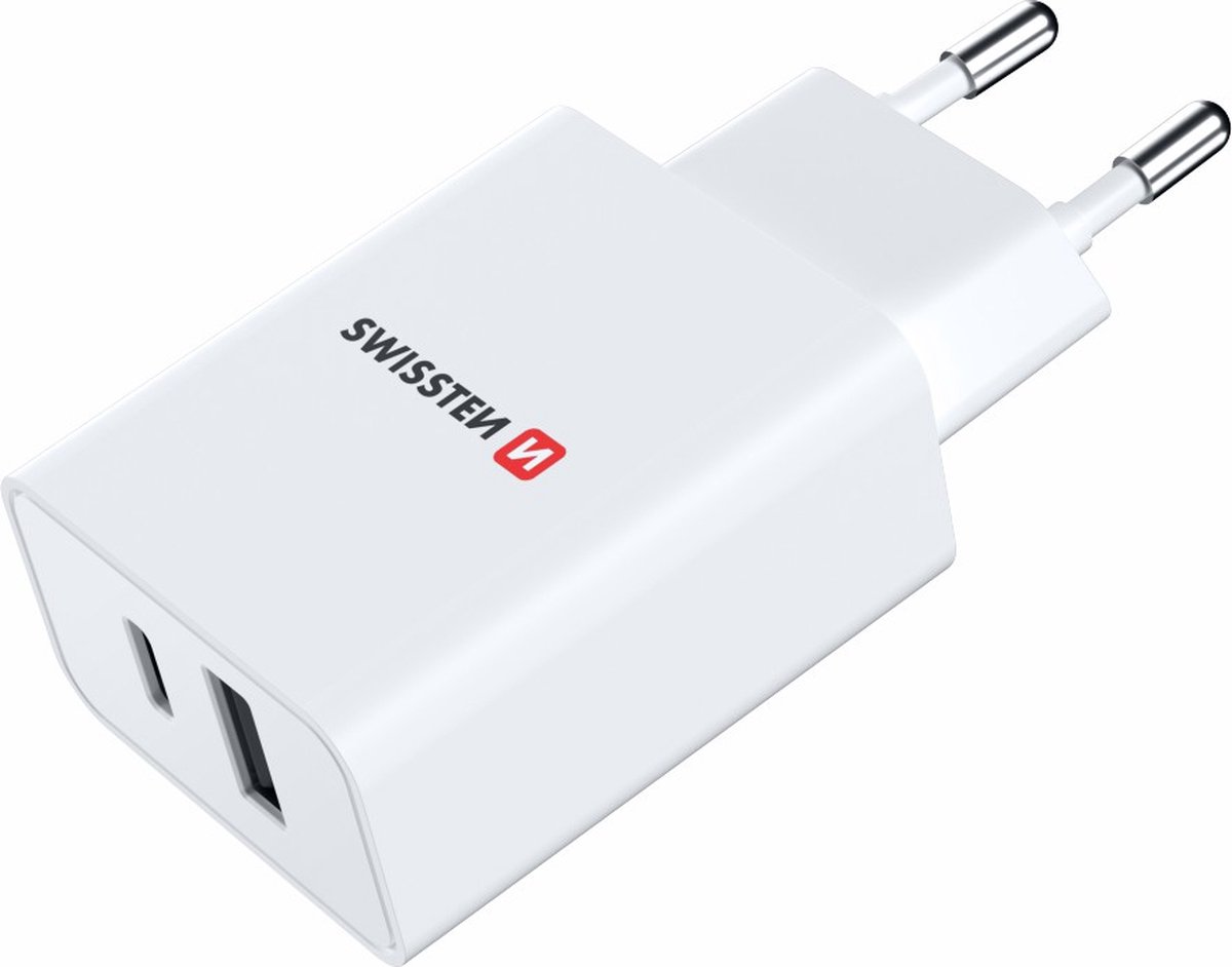 Swissten USB-C Snellader - 2 poorten - GaN technologie - USB-C & USB-A - 30W - Wit - Swissten