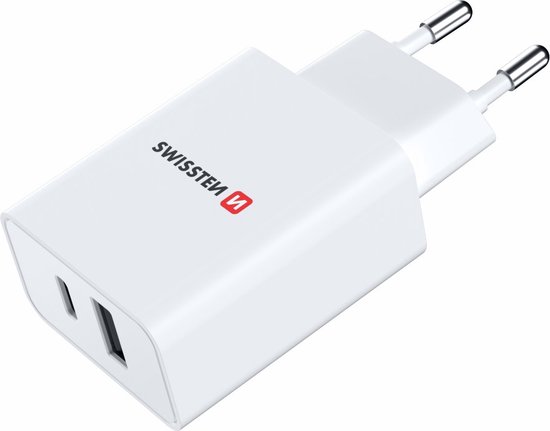 Swissten USB-C Snellader - 2 poorten - GaN technologie - USB-C & USB-A - 30W - Wit