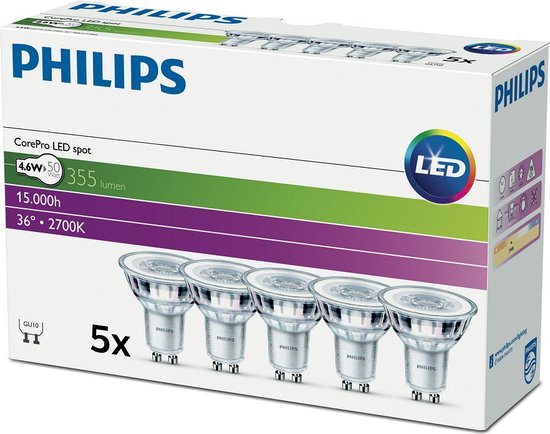 Boîte de spots LED Philips. Contient 5 spots GU10, 4.6W, 355 lumens, 36 degrés, 2700K.