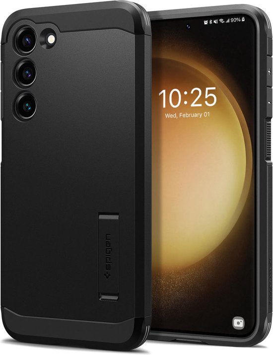 Coque de téléphone noire avec béquille, à côté d'un smartphone