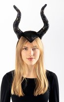 KIMU Haarband Lange Zwarte Hoorns Heks - Lint Zilver Glitter - Diadeem Zwart Grote Horens Slechterik Duivel Maleficent - Halloween Carnaval Festival