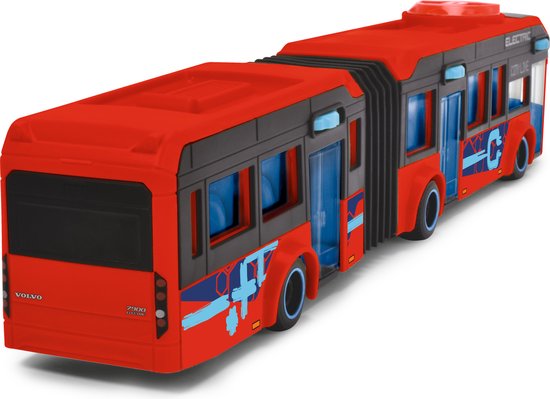 Achterkant van een rode dubbele stadsbus met 'VOLVO 2900 ELECTRIC' en blauwe ontwerpelementen.