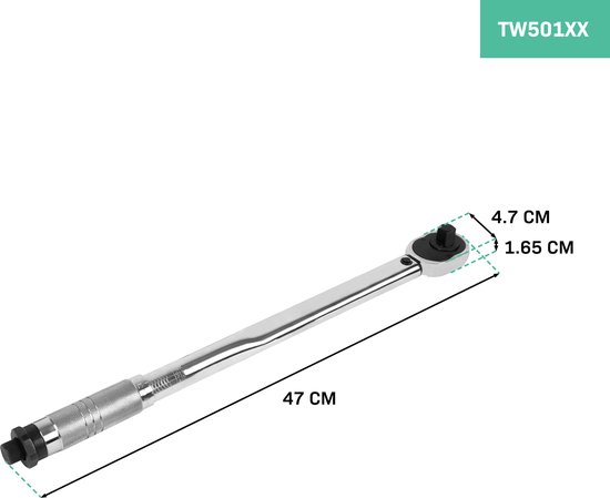 Een metalen momentsleutel van 47 cm lang, met een kop van 4.7 cm bij 1.65 cm.