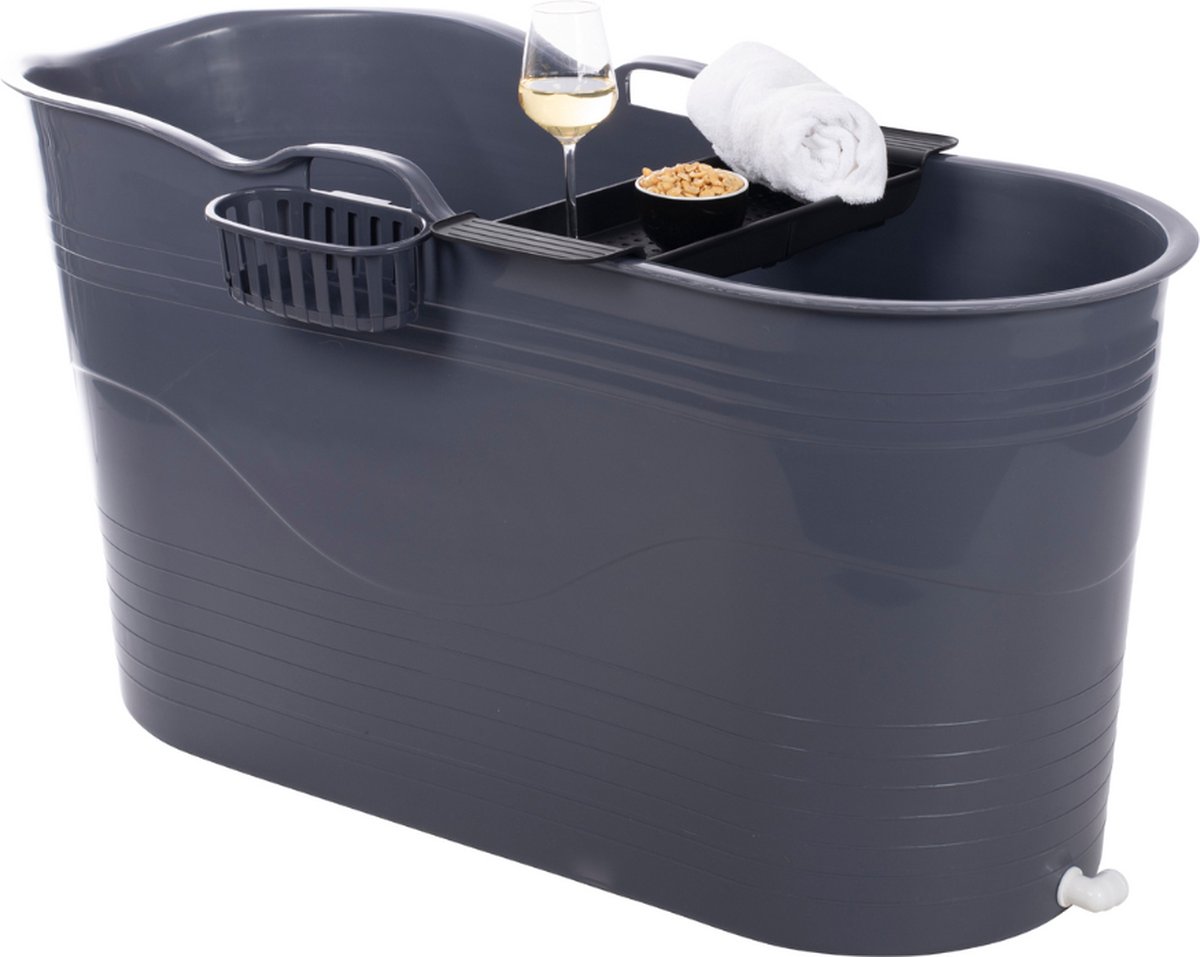 HelloBath® - Bath Bucket - L - 100 cm - Donker Grijs - Zitbad - Ligbad (Verzending in doos) - Incl. Badplank en Kraantje