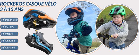 ROCKBROS Casque Intégral d'enfant BMX Vélo VTT Taille Réglable 53 - 58cm  Casques Anti-Choc avec Protège-menton Amovible - Cdiscount Sport