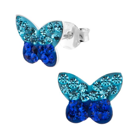 Oorbellen meisje | Zilveren kinderoorbellen | Zilveren oorstekers, vlinder in twee kleuren blauw met kristallen