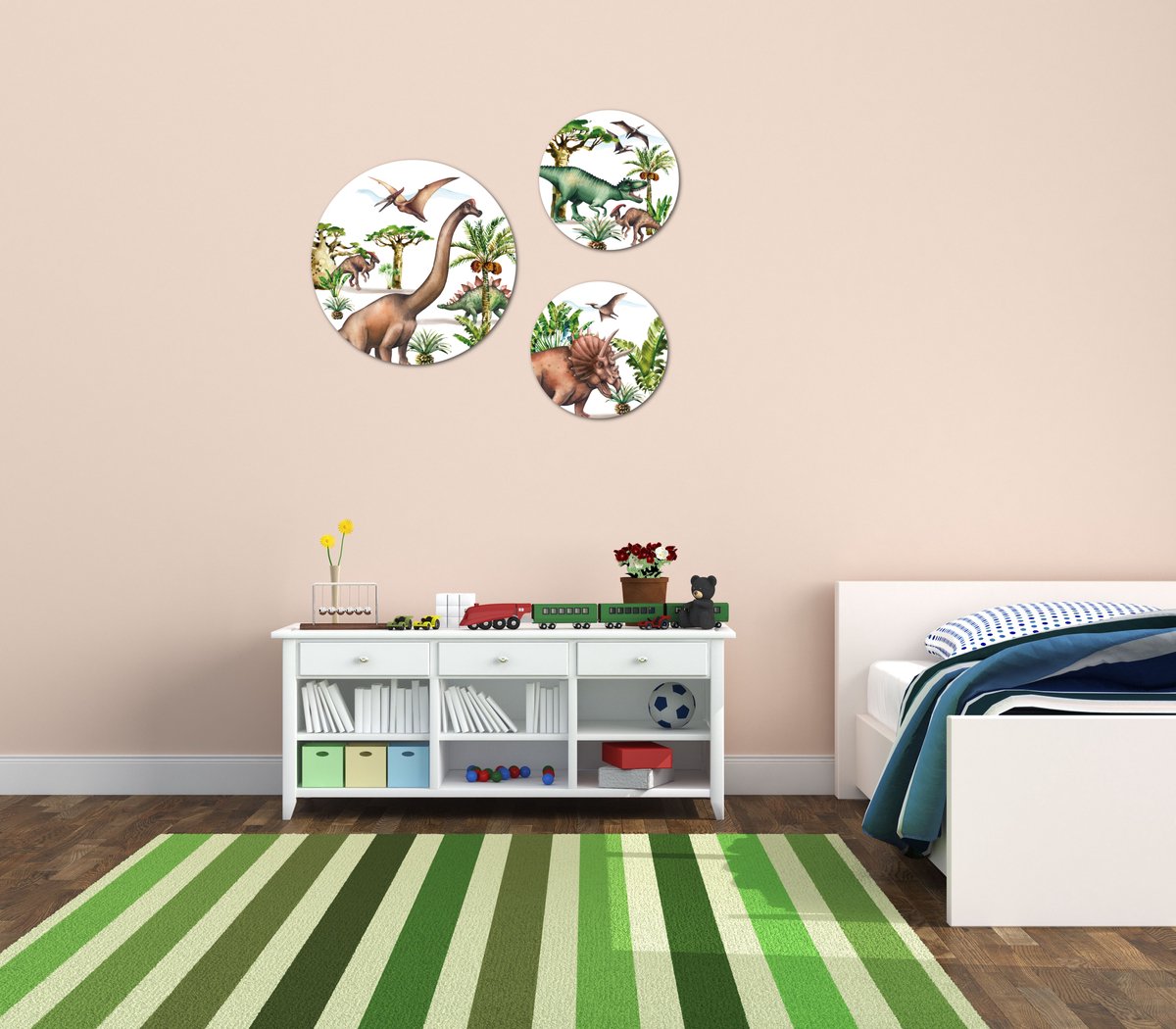 Muurcirkel / Wandcirkel stoere dinosaurus thema klein - set van 3 muurcirkels + ophangsysteem - Decoratie kinderkamer / babykamer jongens & meisjes