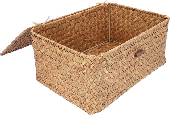 Boîte de rangement en rotin marron ouverte de 29x19x12cm avec couvercle et fermeture à bouton en bois.