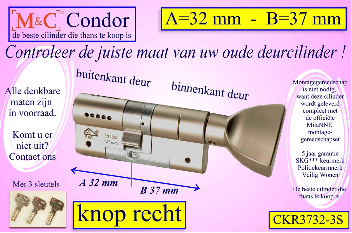 M&C Condor - Cilinderslot - SKG*** - 52x62 mm - Politiekeurmerk Veilig Wonen