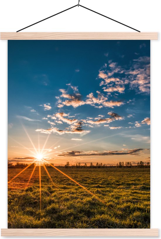 Posterhanger incl. Poster - Schoolplaat - Zonsondergang - Natuur - Wolken - Gras - 60x80 cm - Blanke latten